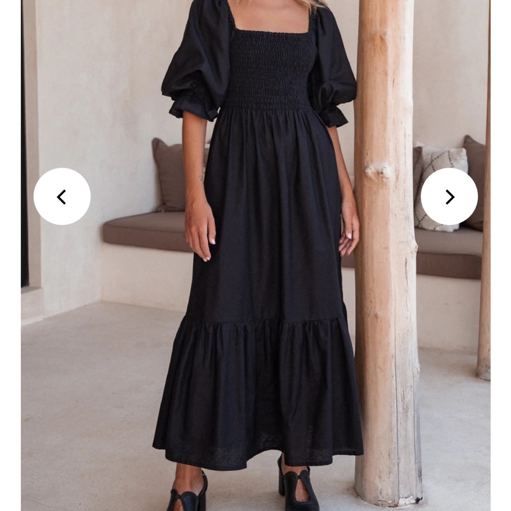 Black Linen Puff-Sleeve Smocked Maxi Dress